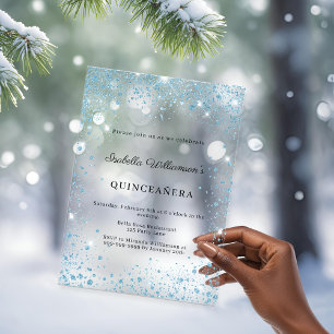 Quinceanera blauwe glitters winterfeest vorst acryl uitnodigingen