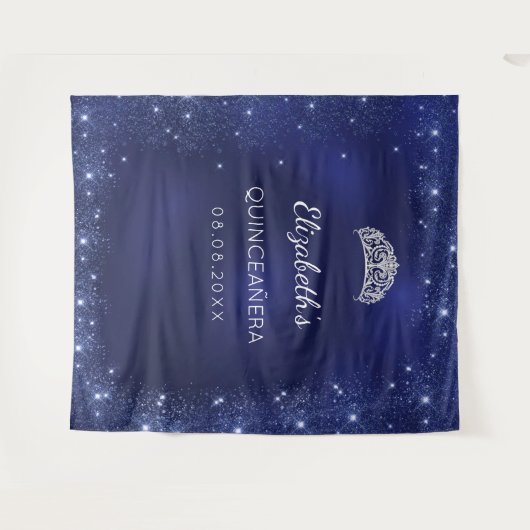 Quinceanera blauwe glitterspoeder aangepaste naam wandkleed (Voorkant (horizontaal))