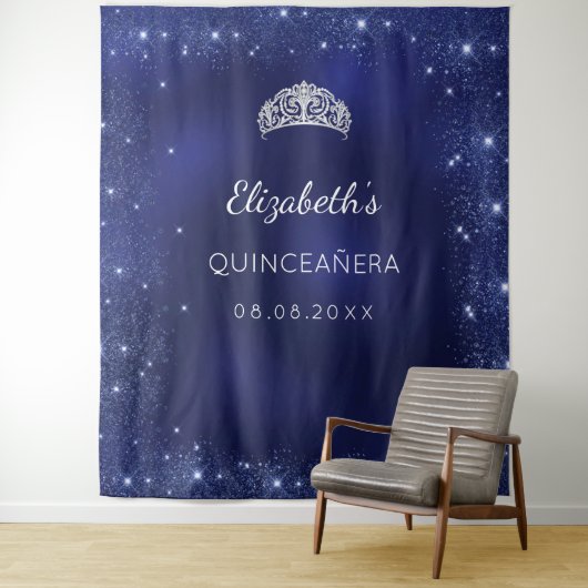 Quinceanera blauwe glitterspoeder aangepaste naam wandkleed (In situ)