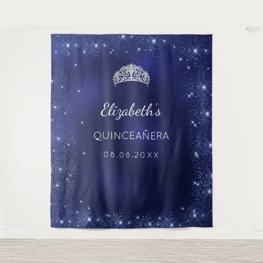 Quinceanera blauwe glitterspoeder aangepaste naam wandkleed (Voorkant)