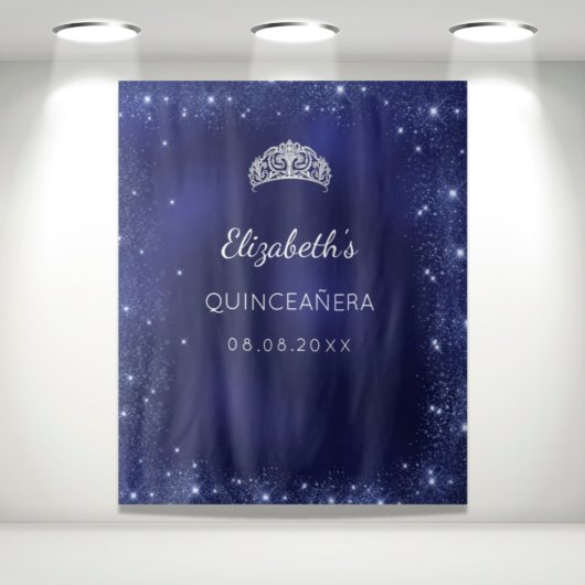 Quinceanera blauwe glitterspoeder aangepaste naam wandkleed
