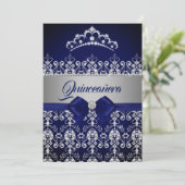 Quinceanera Blauwe Navy Sparkle Diamond Tiara Bow Kaart (Staand voorkant)