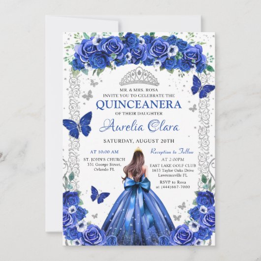 Quinceañera Blauwe Rozen Bloemen Prinses Vlinders Kaart (Voorkant)