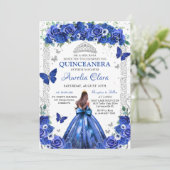 Quinceañera Blauwe Rozen Bloemen Prinses Vlinders Kaart (Staand voorkant)