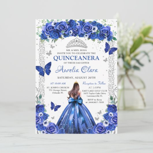 Quinceañera Blauwe Rozen Bloemen Prinses Vlinders Kaart (Staand voorkant)