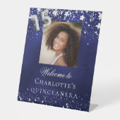 Quinceanera blauwe zilveren sterren fotofeest welk reclamebord met voetstuk (Voorkant)