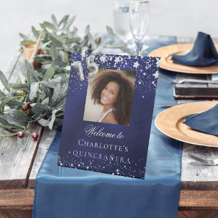 Quinceanera blauwe zilveren sterren fotofeest welk reclamebord met voetstuk