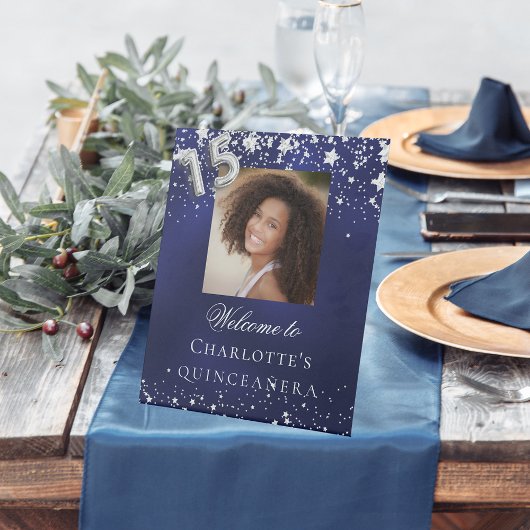 Quinceanera blauwe zilveren sterren fotofeest welk reclamebord met voetstuk
