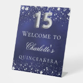 Quinceanera blauwe zilveren sterren welkomstfeest reclamebord met voetstuk (Voorkant)