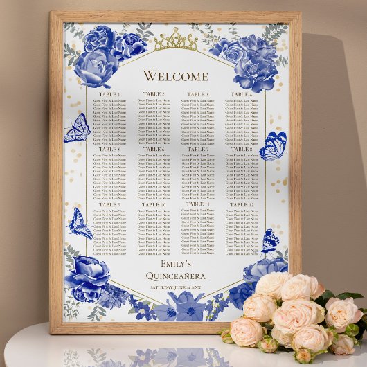 Quinceanera Blauwe Zitkaart Teken Vlinders Poster