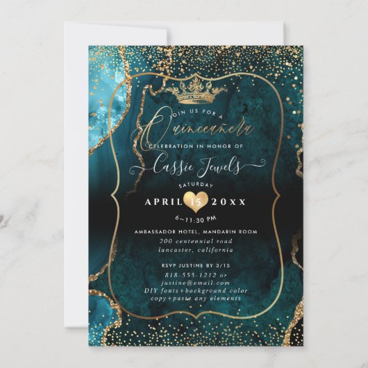 Quinceanera, Blauwgroen blauw Agate Faux Gold Conf Kaart (Achterkant)