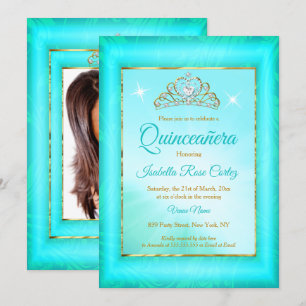 Quinceanera Blauwgroen blauw Damask Gold Tiara fot Kaart