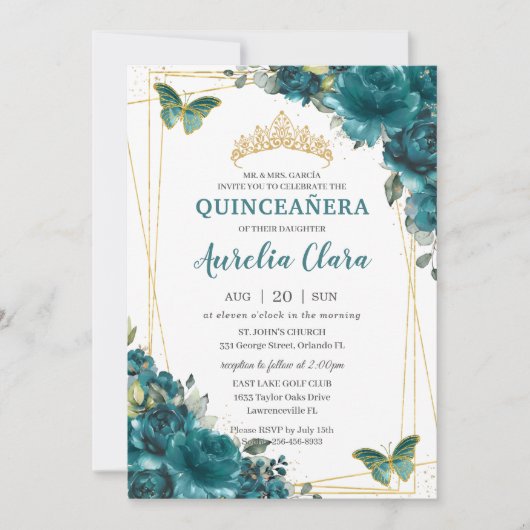 Quinceañera Blauwgroen Blauw groene vlinderbloemvl Kaart (Voorkant)