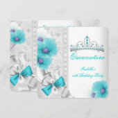 Quinceanera Blauwgroen blauw wit Floral Diamond Ti Kaart (Voorkant / Achterkant)