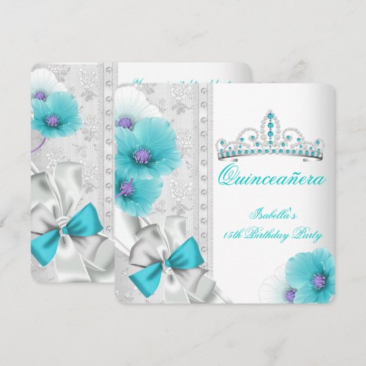 Quinceanera Blauwgroen blauw wit Floral Diamond Ti Kaart (Voorkant / Achterkant)