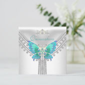 Quinceañera Blauwgroen Blauw Wit Vlinder Diamant 2 Kaart (Staand voorkant)