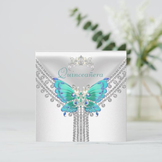 Quinceañera Blauwgroen Blauw Wit Vlinder Diamant 2 Kaart (Staand voorkant)