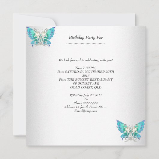 Quinceañera Blauwgroen Blauw Wit Vlinder Diamant 2 Kaart (Achterkant)