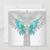 Quinceañera Blauwgroen Blauw Wit Vlinder Diamant 2 Kaart (Voorkant)
