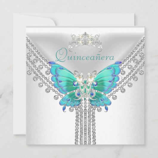 Quinceañera Blauwgroen Blauw Wit Vlinder Diamant 2 Kaart (Voorkant)