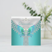 Quinceañera Blauwgroen Blauw Wit Vlinderdiamant Kaart (Staand voorkant)