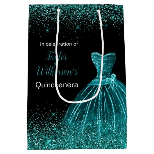 Quinceanera Blauwgroen Blauwe Jurk Faux Glitter Medium Cadeauzakje (Achterkant)