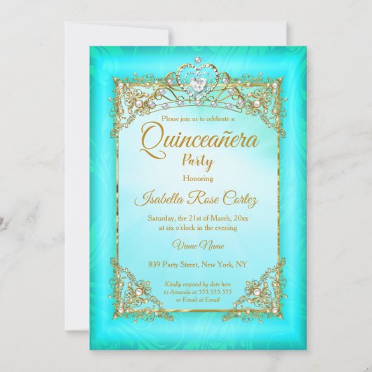 Quinceanera Blauwgroen blauwe parelfoto Gold Tiara Kaart (Voorkant)