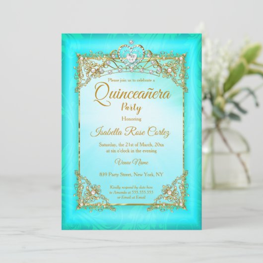 Quinceanera Blauwgroen blauwe parelfoto Gold Tiara Kaart (Staand voorkant)