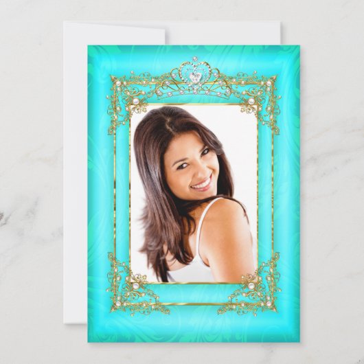 Quinceanera Blauwgroen blauwe parelfoto Gold Tiara Kaart (Achterkant)