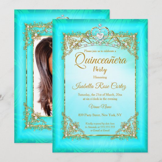 Quinceanera Blauwgroen blauwe parelfoto Gold Tiara Kaart (Voorkant / Achterkant)