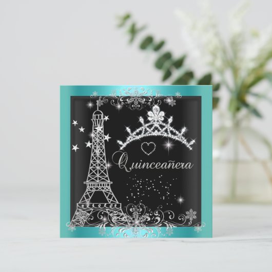 Quinceanera Blauwgroen Blue Glitter Tiara Eiffel T Kaart (Staand voorkant)