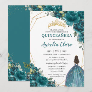 Quinceañera Blauwgroen Blue Green Floral Princess Kaart