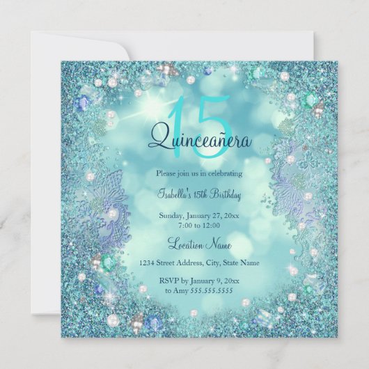 Quinceanera Blauwgroen Blue Pearls Ocean Sky Kaart (Voorkant)