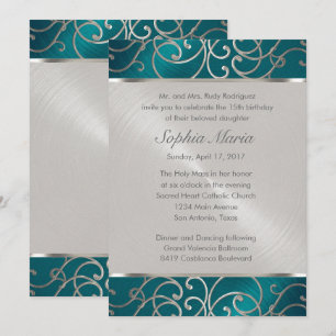 Quinceanera Blauwgroen Blue Silver Filigree Swirls Kaart