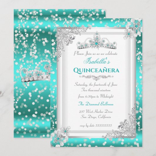 Quinceanera Blauwgroen Blue Silver Snowflake Tiara Kaart (Voorkant / Achterkant)