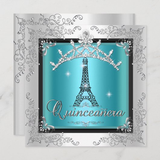 Quinceanera Blauwgroen Blue Silver Tiara Eiffel To Kaart (Voorkant / Achterkant)