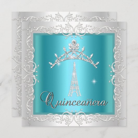 Quinceanera Blauwgroen Blue White Tiara Eiffel Tow Kaart (Voorkant / Achterkant)