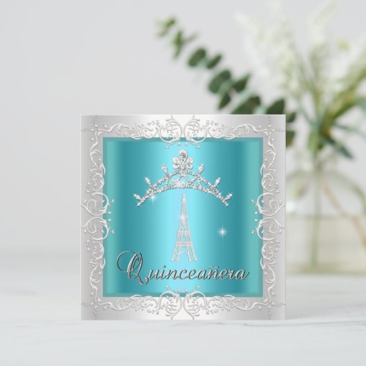 Quinceanera Blauwgroen Blue White Tiara Eiffel Tow Kaart (Staand voorkant)