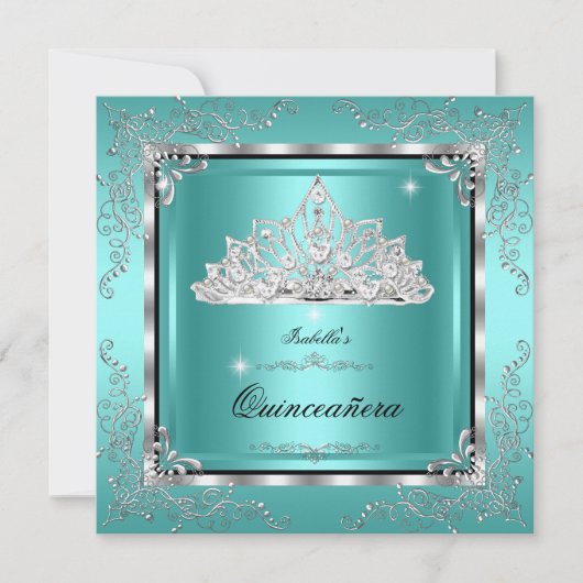 Quinceanera Blauwgroen Diamond Tiara 15e verjaarda Kaart (Voorkant)