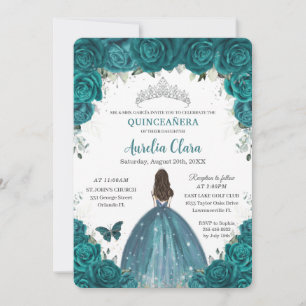 Quinceañera Blauwgroen Floral Butterflies Silver T Kaart