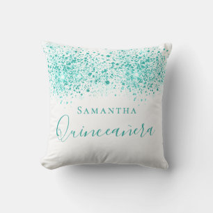 Quinceanera blauwgroen glitter druppelt monogram w kussen