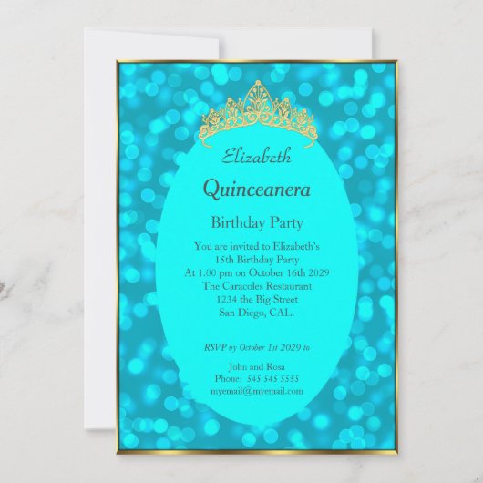 Quinceanera Blauwgroen Gold Birthday Party Invitat Kaart (Voorkant)