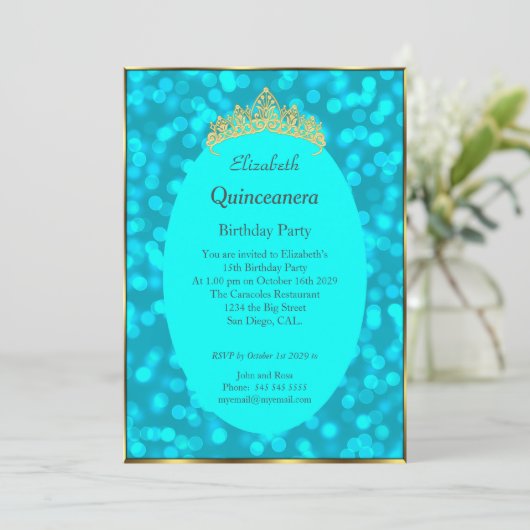 Quinceanera Blauwgroen Gold Birthday Party Invitat Kaart (Staand voorkant)