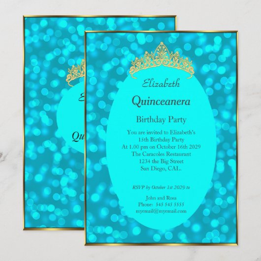 Quinceanera Blauwgroen Gold Birthday Party Invitat Kaart (Voorkant / Achterkant)