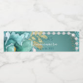 Quinceanera Blauwgroen Gold Glitter Water Fles Lab Waterfles Etiket (Enkel label)