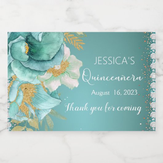 Quinceanera Blauwgroen Goud Bloemen Mini Mousseren Sparkling Wijnetiket (Enkel label)