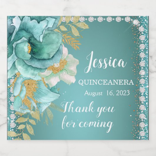 Quinceanera Blauwgroen Gouden Bloemen Mousserende  Sparkling Wijnetiket (Enkel label)