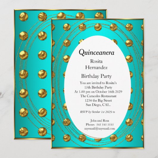 Quinceanera Blauwgroen Green Gold Balls Birthday P Kaart (Voorkant / Achterkant)