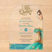 Quinceañera Blauwgroen Green Gold Mis Quince Dress Acryl Uitnodigingen (Voorkant)