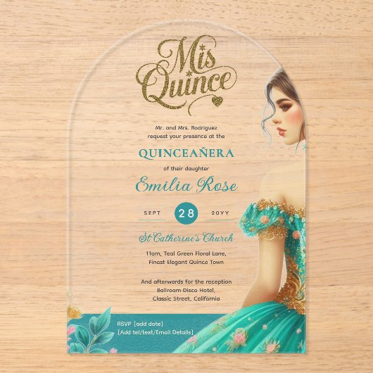 Quinceañera Blauwgroen Green Gold Mis Quince Dress Acryl Uitnodigingen (Voorkant)
